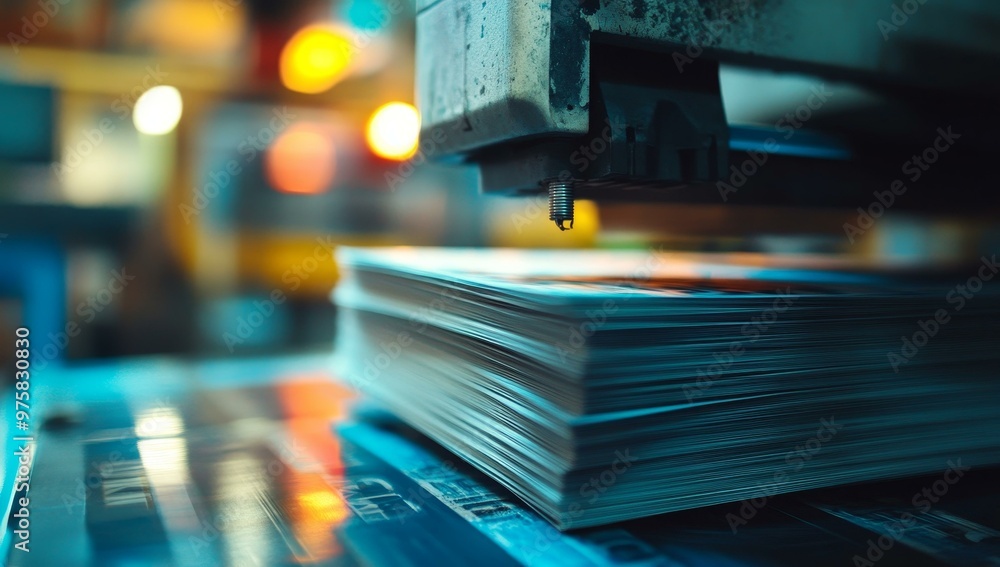 Poster a stack of papers being processed by a machine.