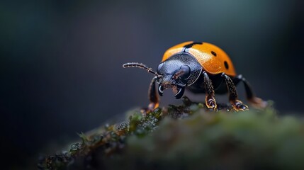  A tight shot of a ladybug perched on mossy terrain, its back legs specked with water droplets