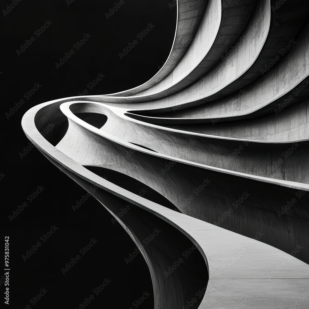 Poster a black and white photo of a curved structure made of concrete. the photo is of a spiral staircase, 
