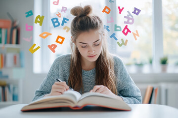 Young student having learning difficulties while reading a book at home, concept of dyslexia and education issues