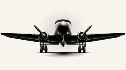 Fototapeta premium A black and white photo of a plane with its landing gear down. The plane is positioned on a runway, and its wings are spread out. Concept of calmness and serenity