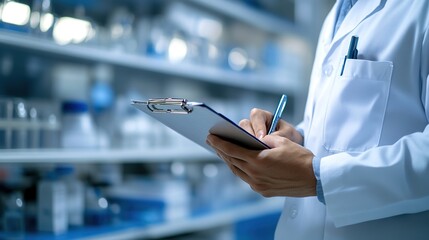 Doctor in lab coat writing on clipboard in a laboratory setting.