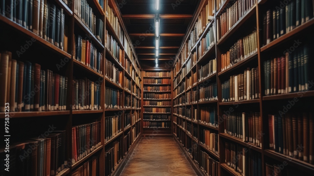 Poster rows of books on tidy shelves in a quiet library, inviting readers to explore and immerse themselves