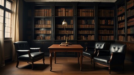 Vintage old study room with black leather chairs and almirah with varieties book