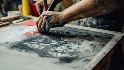 Obraz premium Artist's hand painting abstract black and white art.