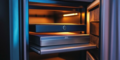 Obraz premium Inside lit safe with metal shelves and a box.