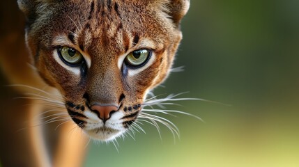 Obraz premium A tight shot of a cat's face against a softly blurred backdrop of grass and trees