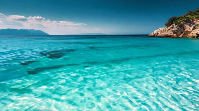 A serene tropical seascape features crystal-clear turquoise waters lapping at a rocky shore, lush greenery, and soft clouds drifting across a deep blue sky, evoking relaxation and natural beauty.