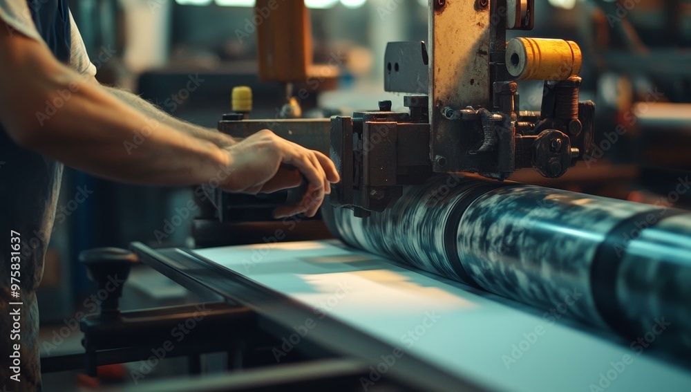 Poster worker operating a printing press machine.
