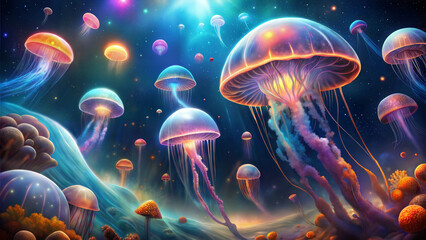 Naklejka premium Vibrant glowing jellyfish in a deep cosmic ocean, neon colors, underwater space scene