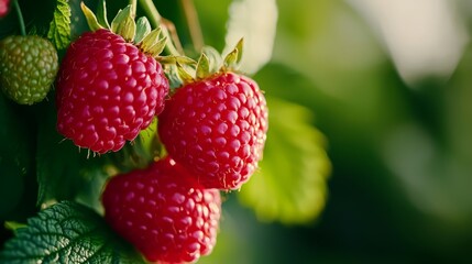  Three raspberries with one red berry at the center dangle from a green-leafed branch