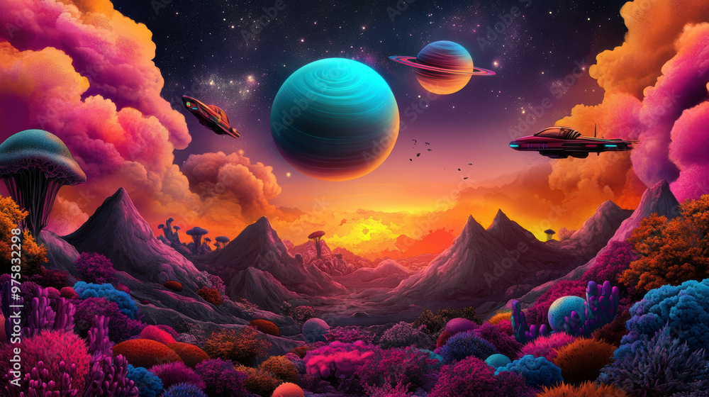 Poster a colorful painting of a planet with a blue planet in the middle and two other planets in the backgr