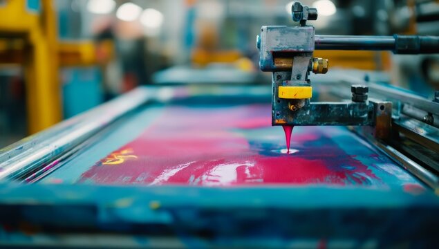 Printing press applying pink ink to screen.