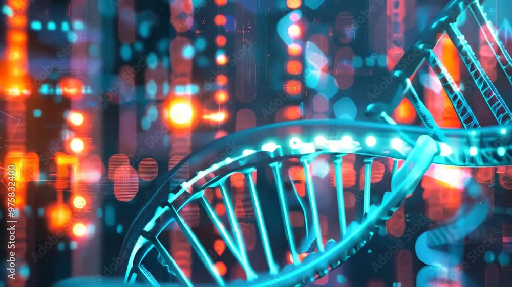 Poster vibrant digital illustration showcases a close-up of a blue dna double helix against a dynamic backg