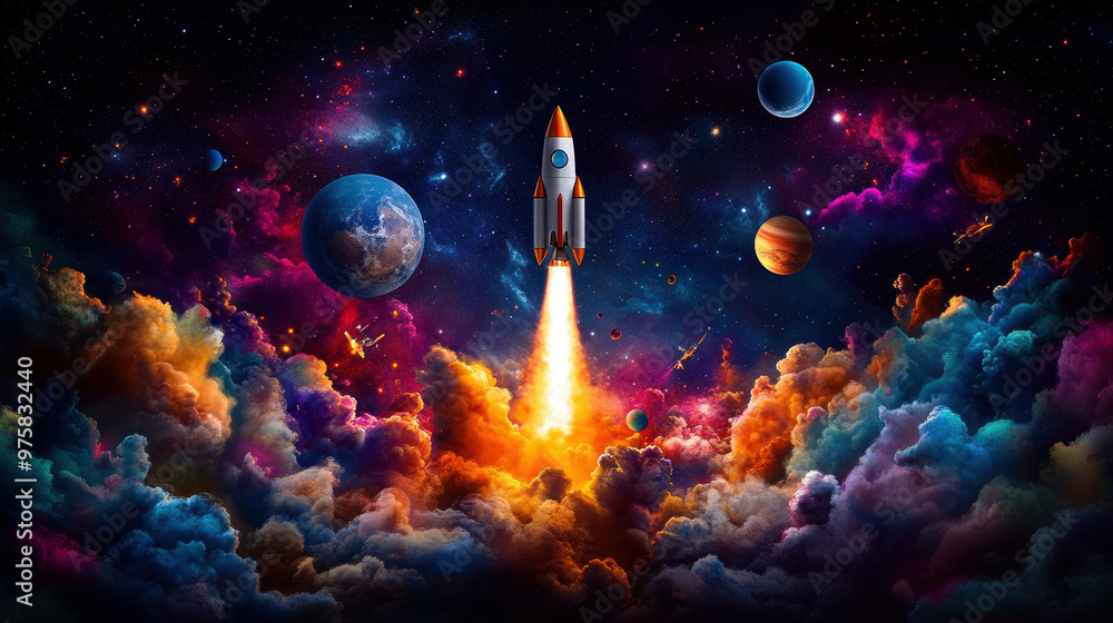 Aufkleber a colorful space scene with a rocket launching into the sky. the rocket is surrounded by planets and