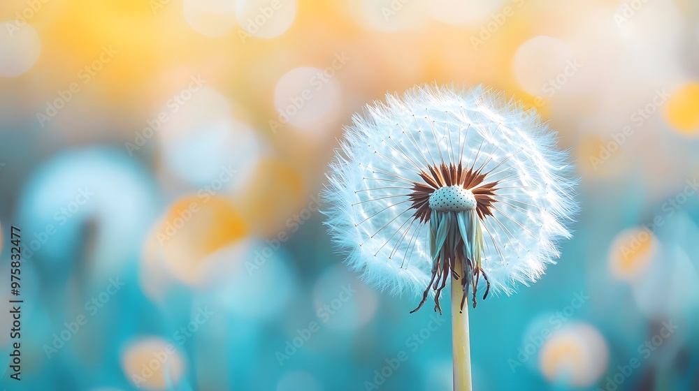 Poster single dandelion seed head with bokeh background