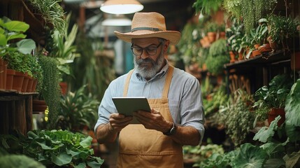 tech-savvy plant shop owner engaging with digital inventory on a tablet, optimizing business operations for online sales and customer management
