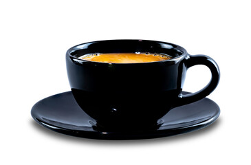 Side view of hot milk coffee in black ceramic cup with black saucer isolated on white background with clipping path.