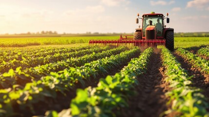 Obraz premium A red tractor is driving through a field of green plants