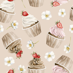 Cupcakes with strawberry and flowers. Watercolor seamless pattern on beige background for wrapping paper, table textile