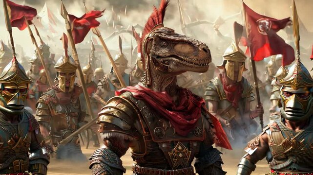 A fierce dinosaur in Roman-style armor leads a battalion of armored soldiers, ready for battle. Banners wave in a dramatic sky, setting the stage for an epic confrontation.