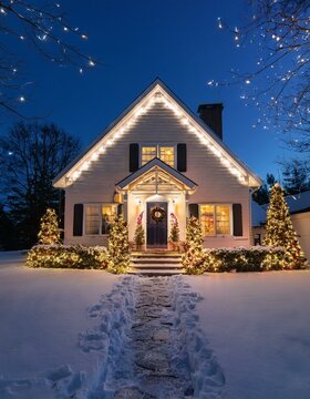 Una casa familiar tradicional decorada con luces navide&ntilde;as y guirnaldas en la puerta principal. La nieve cubre el tejado y el jard&iacute;n, creando un ambiente acogedor. 