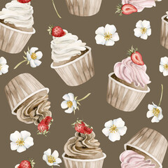 Cupcakes with strawberry and flowers. Watercolor seamless pattern on brown background for wrapping paper, table textile