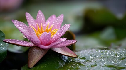 petals dotted with water droplets, green leaf in the front