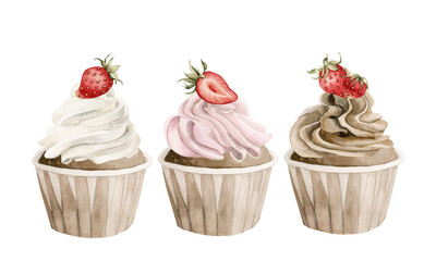 Cupcakes with colorful cream and strawberries. Sweets with fruits. Watercolor hand drawn isolated food illustration