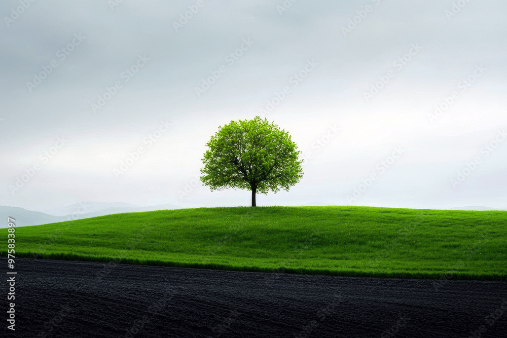 Poster a lone tree stands in a grassy field. the sky is overcast and the tree is the only object in the sce