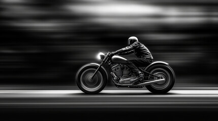 Fototapeta premium A man is riding a motorcycle on a dark road. The image has a moody and intense feel to it, as the man is speeding down the road with his motorcycle