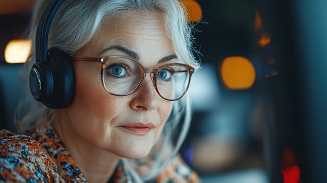 senior female call center agent in office environment, adept in handling customer queries and providing top-notch support and assistance