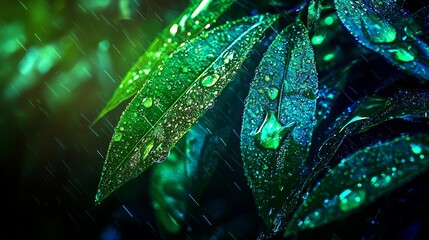 Fototapeta premium A tight shot of a wet green leaf, adorned with water droplets, alongside a foreground green plant