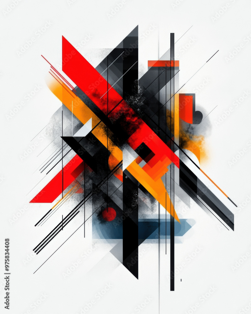 Poster a colorful abstract painting with black and red lines. the painting is full of energy and movement, 