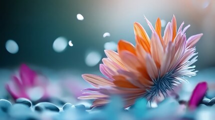 Obraz premium A tight shot of a pink bloom, adorned with beads of water at its base, against a softly blurred background