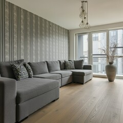 Fototapeta premium large living room, modern interior design, long gray sectional sofa with patterned throw pillows, accent wallpaper featuring geometric patterns, hardwood floors, pendant lighting, floor vase with plan