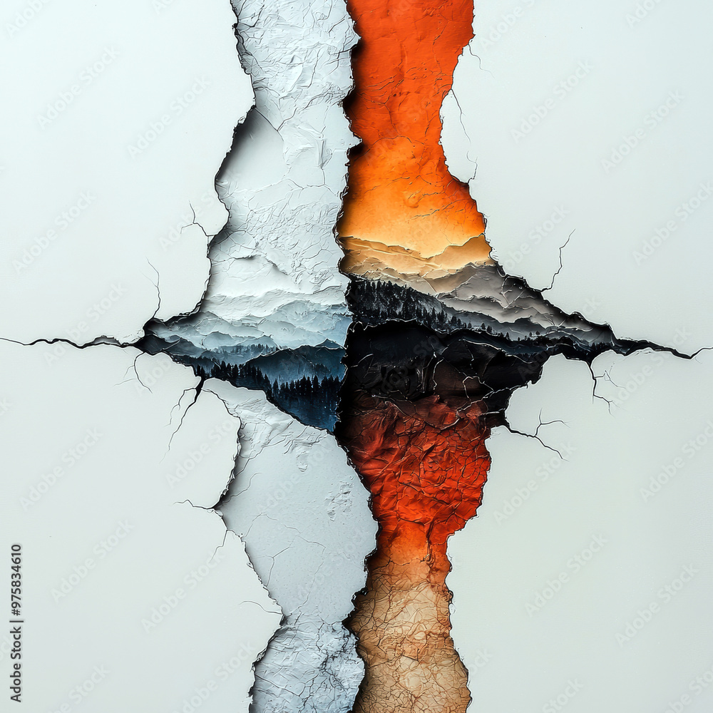 Poster a mountain range with a crack in the middle. the crack is split into two sections, one of which is w