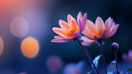  A tight shot of two flowers with softly blurred lights in the background