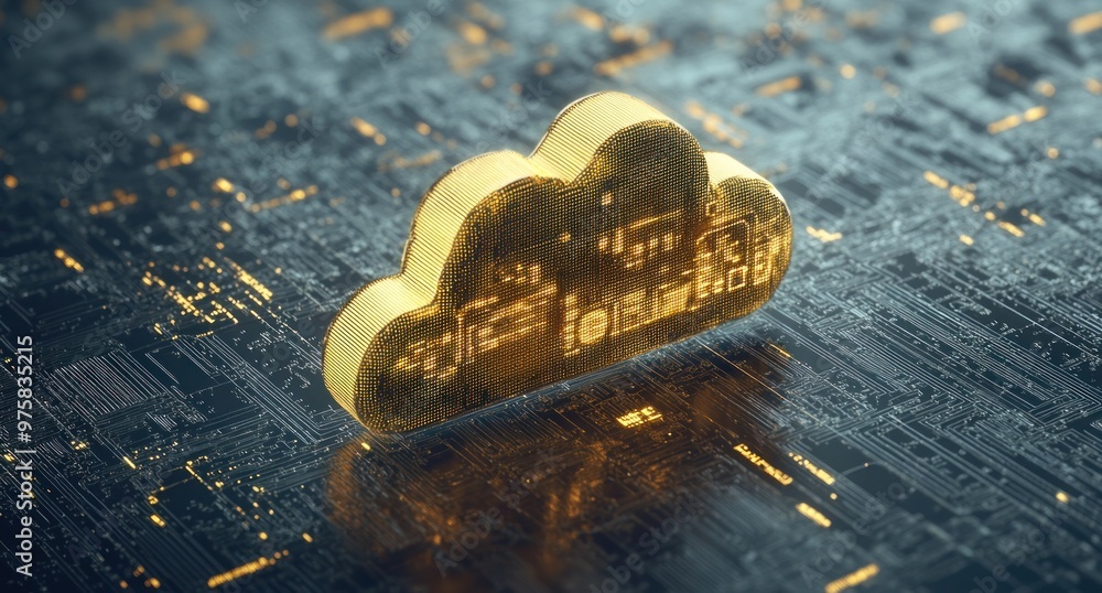 Poster golden cloud computing symbol on circuit board