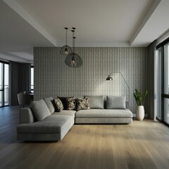 large living room, modern interior design, long gray sectional sofa with patterned throw pillows, accent wallpaper featuring geometric patterns, hardwood floors, pendant lighting, floor vase with plan
