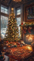 Fototapeta premium The living room is cozily decorated for Christmas showcasing a warm fireplace and a stunningly adorned Christmas tree that adds a festive touch to the space