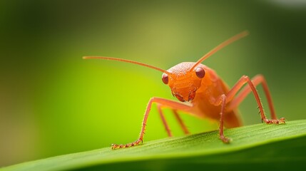  A tight shot of a tiny orange insect on a verdant leaf against softly blurred grass and foliage background