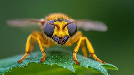 Naklejka premium A tight shot of a yellow and black insect atop a verdant leaf, surrounded by an out-of-focus background
