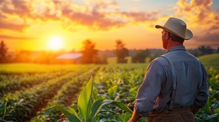 Fototapeta premium A man in a straw hat stands in a field of corn