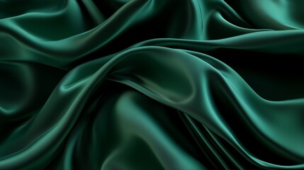 A luxurious 3D render of deep emerald green silk drapery, folded intricately to create an abstract background with flowing waves and smooth textures.