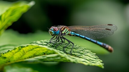  A blue-black dragonfly perches atop a verdant leaf, surrounded by an abundance of green foliage