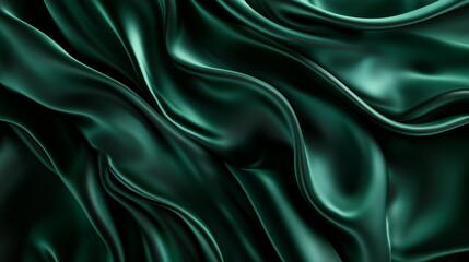 Fototapeta premium A luxurious 3D render of deep emerald green silk drapery, folded intricately to create an abstract background with flowing waves and smooth textures.
