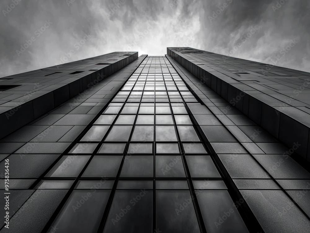 Poster a tall building with many windows and a cloudy sky in the background