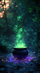 Enchanted Cauldron with Magical Sparks in a Mystical Forest Setting