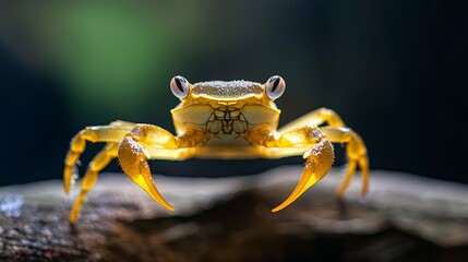  A tight shot of a tiny yellow crab perched on a driftwood piece, with water beads adorning its legs